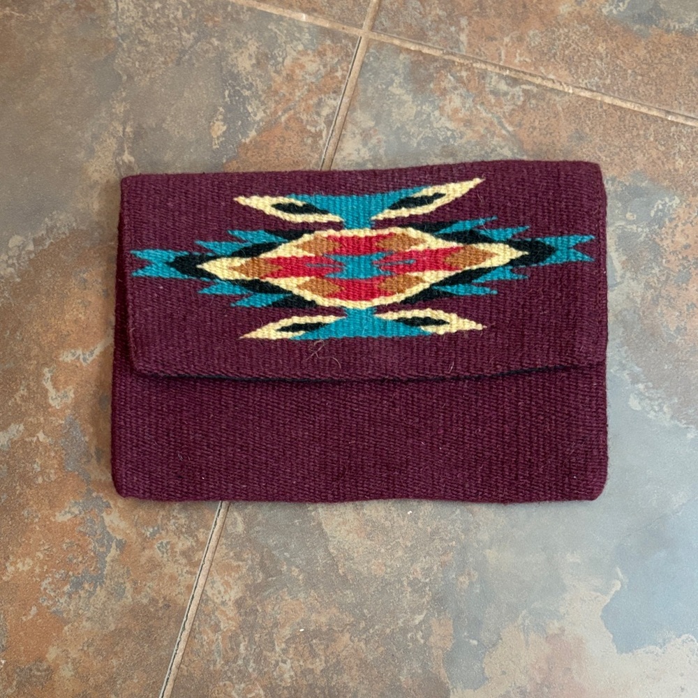 Southwestern Woven Clutch - Burgundy with Turquoise & Gold Accent